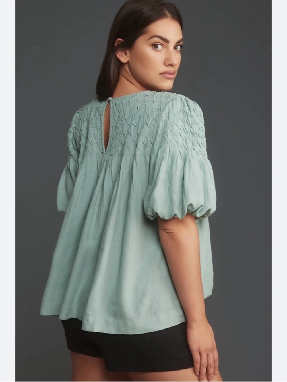 Anthropologie Smocked Puff-Sleeve Top in Sage Flowly Boho Linen blouse